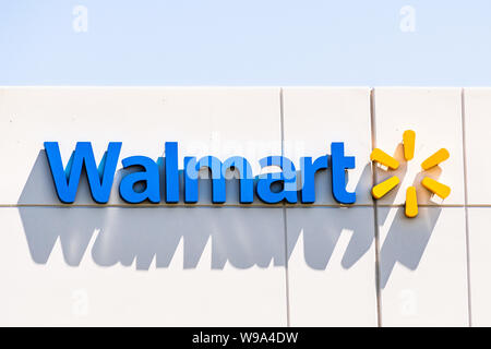 August 12, 2019 Sunnyvale / CA / USA - Close up of Walmart sign displayed at their Walmart Labs offices; WalmartLabs is a subsidiary of Walmart focusi Stock Photo