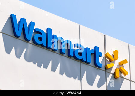 August 12, 2019 Sunnyvale / CA / USA - Close up of Walmart sign displayed at their Walmart Labs offices; WalmartLabs is a subsidiary of Walmart focusi Stock Photo