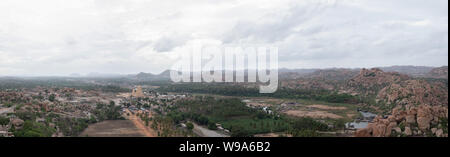 Panoramic Aerial View of Virupaksha or Pampapati temple and Whole from the top of the Matanga Hill Hampi, Karnataka,India Stock Photo