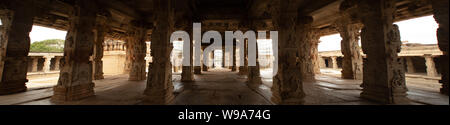 Inner Panoramic view of Ruined Sri Krishna temple rock piller architecture of Hampi, India. Stock Photo