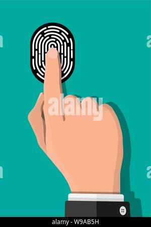 Black and white fingerprint with hand. Identification and authorization system. Fingerprint for id, passport, applications. Simple finger print icon. Vector illustration in flat style Stock Vector