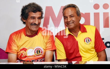 Kolkata, India. 05th Jan, 2014. Former East Bengal legendary Iranian footballer Majid Bishkar (right) and Jamsed Nassiri (left)during a press meet on the occasion of East Bengal Club's 100 years celebration program. (Photo by Saikat Paul/Pacific Press) Credit: Pacific Press Agency/Alamy Live News Stock Photo