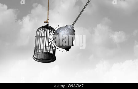 Free your mind as a metal bird cage being opened by a wrecking ball in the shape of a human head as a psychology and powerful thinking concept.