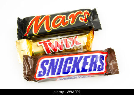 chocolate mars twix snickers isolated on a white background Stock