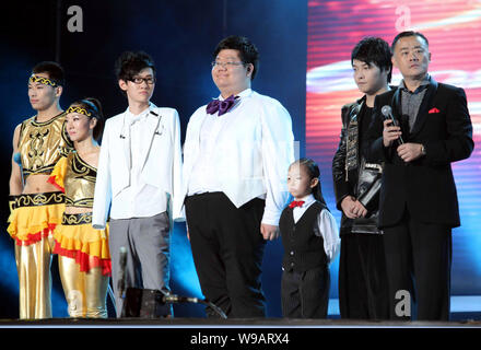 (From left) Disabled dancers Zhai Xiaowei and Ma Li, armless pianist Liu Wei, Mariah Carey imitator Zhu Xiaoming, comedian Zhang Fengxi, rap singer Sh Stock Photo