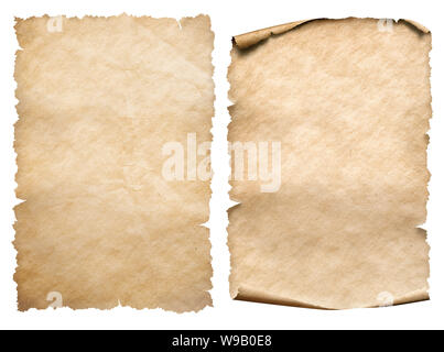 Two vintage paper or parchments isolated on white Stock Photo