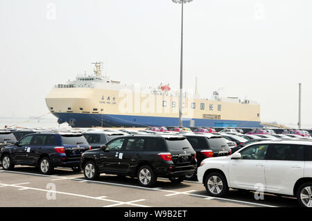 --FILE--Toyota cars to be shipped for export are parked at Nansha Automotive Terminal of Guangzhou Port in Guangzhou city, south Chinas Guangdong prov Stock Photo