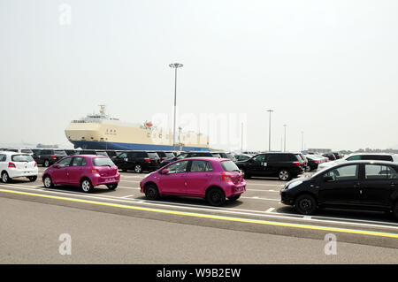 --FILE--Toyota cars to be shipped for export are parked at Nansha Automotive Terminal of Guangzhou Port in Guangzhou city, south Chinas Guangdong prov Stock Photo