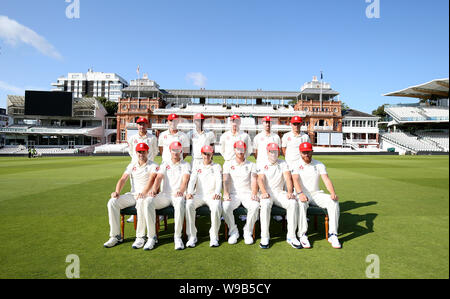 England team group (left to right) Top Row: Rory Burns, Joe Denly, Jofra Archer, Jason Roy, Jack Leach and Sam Curran. Bottom Row: Chris Woakes, Stuart Broad, Joe Root, Ben Stokes, Jos Buttler and Jonny Bairstow during a nets session at Lord's, London. Stock Photo