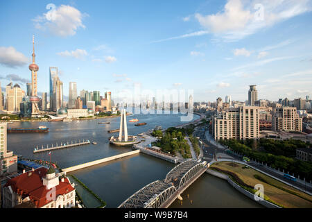 View of the Waibaidu Bridge over the Suzhou Creek, the Bund along the Huangpu River and the Lujiazui Financial District in Pudong, Shanghai, China, 23 Stock Photo