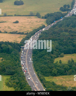 An aerial view of heavy traffic on the M25, Essex, South East England, UK Stock Photo