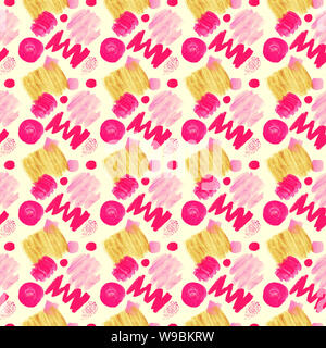 Seamless pattern of bright color spots textures on white isolated background Strokes lines strokes geometric elements pink purple hand painted Stock Photo