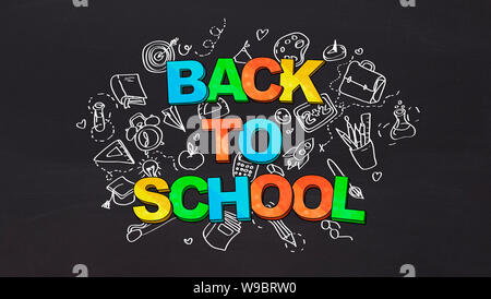 Big banner with colored Back to school text and stationery icons Stock Photo