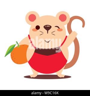 Cartoon cute rat carrying big mandarin orange. Year of rat. Chinese New Year. Cartoon rat character isolated.  - Vector flat art Stock Vector
