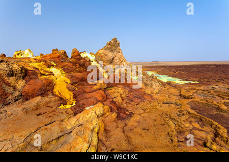 Beautiful small sulfur lakes Dallol, Ethiopia. Danakil Depression is the hottest place on Earth in terms of year-round average temperatures. It is als Stock Photo