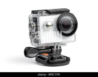 Action camera in a waterproof box isolated on white background. Stock Photo