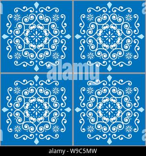 Lisbon tiles Azujelo, Moroccan tiles vector seamless white and navy blue design - Portuguese retro pattern, decorative tile background Stock Vector