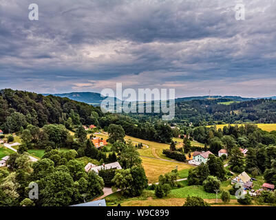 Fields, meadows and thick rain clouds over the countryside in the Czech Republic Stock Photo
