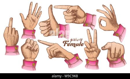 Color Multiple Female Caucasian Hand Gesture Set Vector Stock Vector