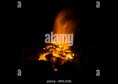 flame of a fire, in which natural brushwood burns, on a black background Stock Photo