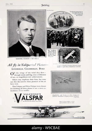 CHARLES LINDBERGH (1902-1974) American aviator in a 1927 advert for the Valspar varnish used on his aircraft Spirit of St. Louis Stock Photo