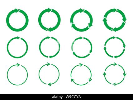 Set of green circle arrows rotating on white background. Recycle concept. Arrow heads representing circulation. Refresh, reload, loop rotation sign Stock Vector