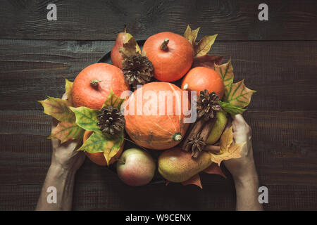 Autumn still life with colorful leaves, ripe orange pumpkins, apples on wooden board. View from above. Horizontal orientation. Centerpieces Thanksgivi Stock Photo