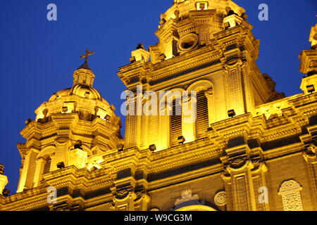 --FILE--Night view of the St. Josephs Cathedral (East Church) on the Wangfujing shopping street in Beijing, China, 28 August 2008.   St. Josephs Cathe Stock Photo