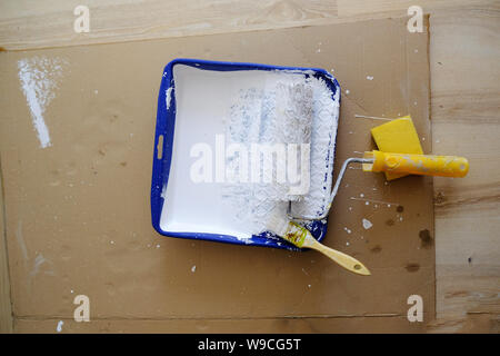 white paint in a tray with a roller and a brush. Stock Photo