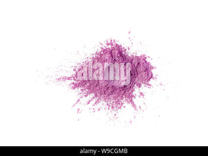 Bright colored pigment. Loose cosmetic powder. Pastel pink eyeshadow pigment isolated on a white background, close-up. Stock Photo
