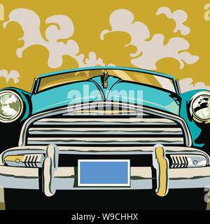 Vintage convertible car with shiny chrome  grill and an empty open licence plate top down clouds in the background Stock Vector