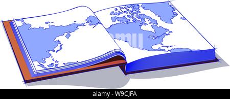 Travel map book or atlas open to & showing the Pacific Northwast asia &  north americ the pacific ocean space & relateed land masses & the atlanti oce Stock Vector