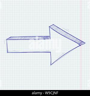 Arrow sketch. Next sign. Blue hand drawn doodle on lined paper background Stock Vector