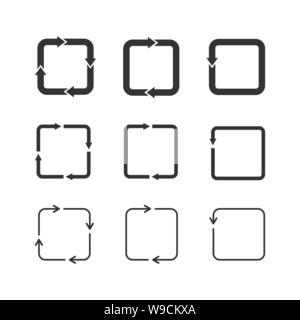 Set of rectangle loop icons on white background. Rectangle arrows sign set. Refresh, reload, recycle, cycle rotation signs. Rounded square loop. Black Stock Vector