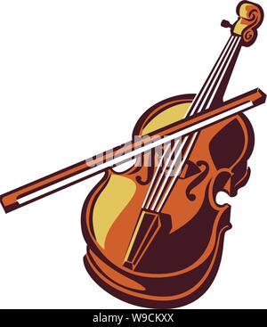 Violin with bow crossing the strings done in flat color Stock Vector