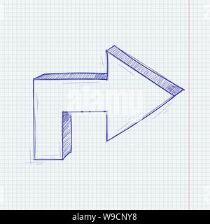 Arrow sketch. Next sign. Blue hand drawn doodle on lined paper background Stock Vector