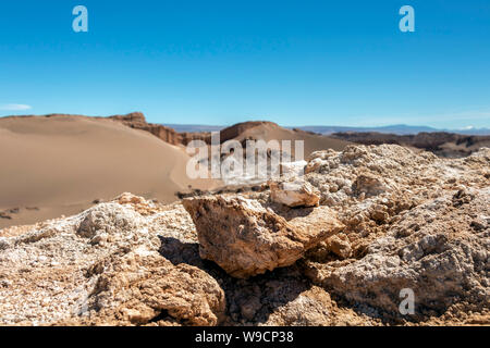 Atacama desert landscape in Chile: The Moon Valley area (Valle de la Luna), geological formation of stone and sand located in the Salt mountain range Stock Photo