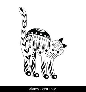 Doodle cat arched his back, black and white illustration on white ...