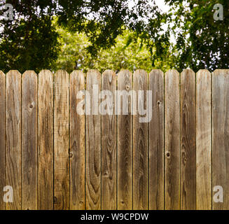 Privacy and security provided by rustic wood fence with green shade tree background Stock Photo