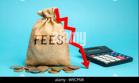 Money bag with the word Fees and arrow down. The concept of reducing duties on the import or export of goods and services. Protection of the national Stock Photo