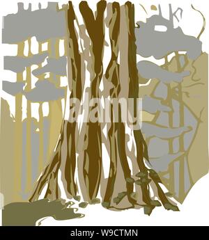 Looking through a forest with the trunk of a large tree in the foreground a mass o f thick tangled trees in behind Stock Vector