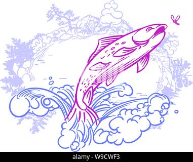 Fish jumping for a fly water pluming up behind it & a circle of natural shore growth  trees srubs & rocks around it Stock Vector