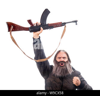 The bearded man rise kalashnikov isolated on a white background. Emotional warrior screaming with automatic weapon. Stock Photo