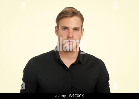 Man elegant manager wear black formal outfit on white background. Elegance in simplicity. Rules for wearing all black clothing. Black fashion trend. Reasons black is the only color worth wearing. Stock Photo