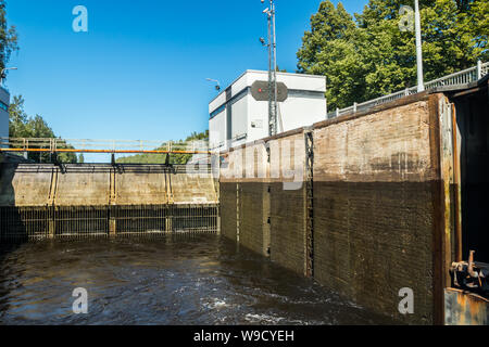 Lappeenranta, Finland - August 7, 2019: Lock on the Saimaa Canal at Malkia. View from water. Stock Photo