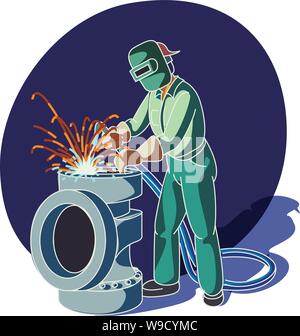 Welder in green jumpsuit clothes welding a pipe with sparks flying out Flat color white line on an oval dark background Stock Vector