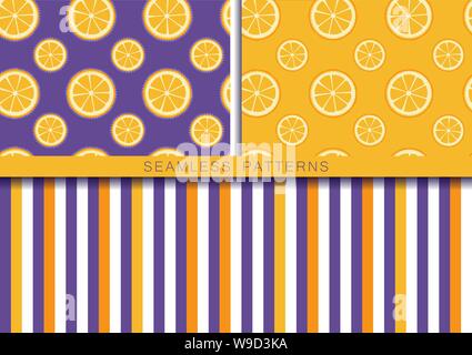 Set of vector seamless patterns with round orange slices. Endless texture. Wrapping paper, packaging, fabric print. Cover for planner, notebook Stock Vector