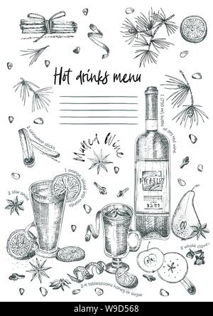 Vintage hand drawn sketch design bar, restaurant, cafe menu on white background. Graphic vector art. Mulled wine Creative template for flyer, banner Stock Vector