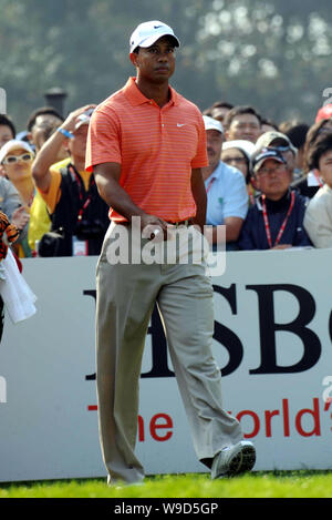 World number one golfer Tiger Woods of the United States is seen during the first round of the HSBC Champions golf tournament at the Sheshan Internati Stock Photo