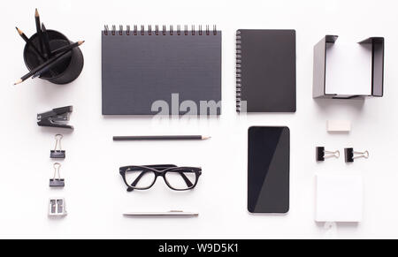 Stylish Office stationery and cellphone with blank space on table Stock Photo
